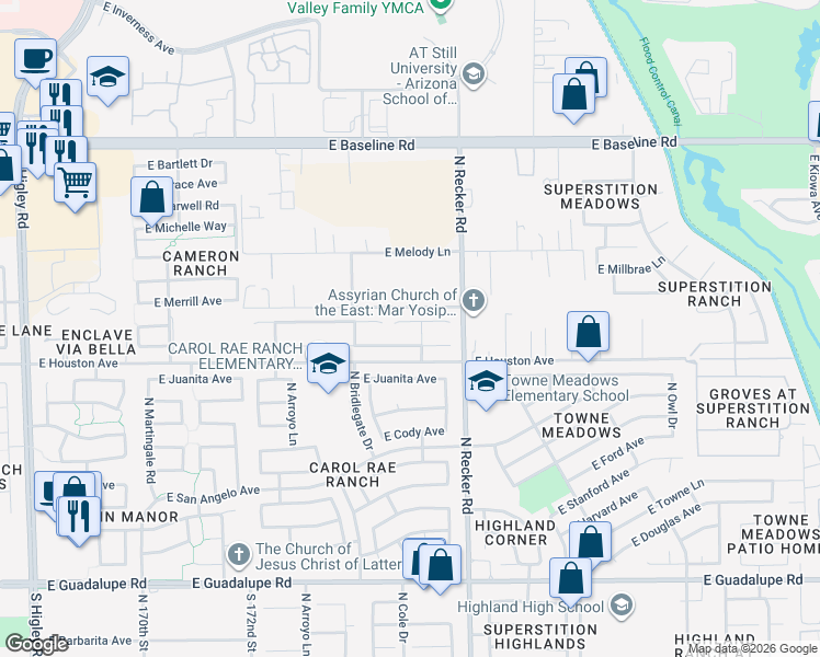 map of restaurants, bars, coffee shops, grocery stores, and more near 3918 East Leah Court in Gilbert