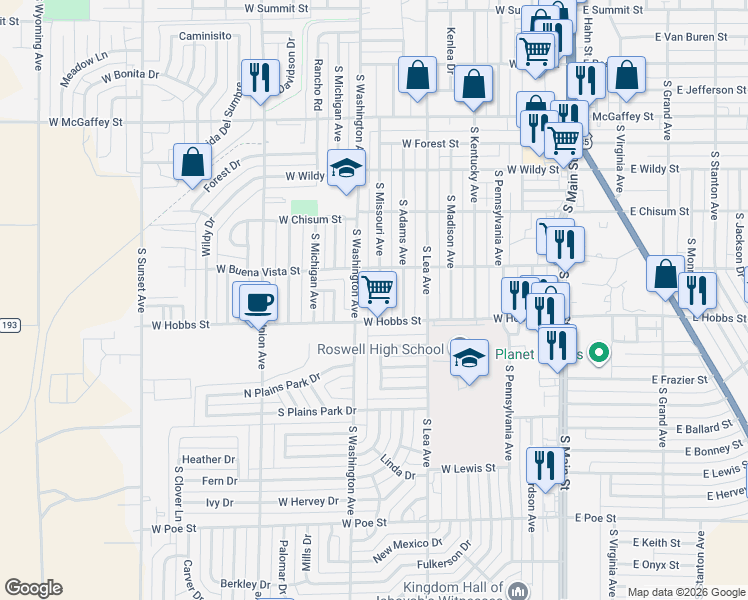 map of restaurants, bars, coffee shops, grocery stores, and more near 1606 South Adams Avenue in Roswell