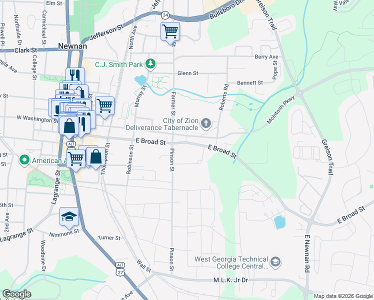 map of restaurants, bars, coffee shops, grocery stores, and more near 129 East Broad Street in Newnan