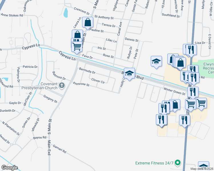 map of restaurants, bars, coffee shops, grocery stores, and more near 271 Bermuda Drive in Greenville