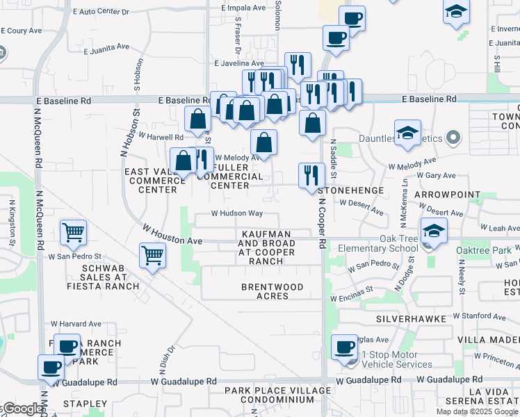 map of restaurants, bars, coffee shops, grocery stores, and more near 930 West Hudson Way in Gilbert