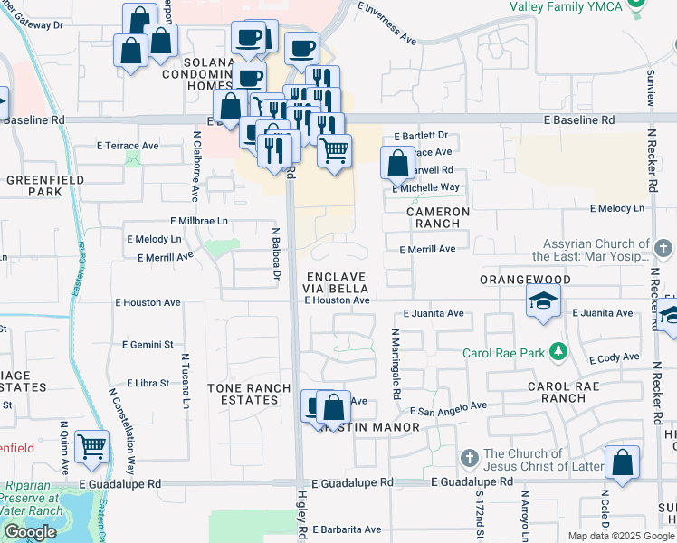 map of restaurants, bars, coffee shops, grocery stores, and more near 3308 East Indigo Bay Court in Gilbert