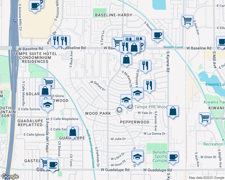 map of restaurants, bars, coffee shops, grocery stores, and more near 933 West Oxford Drive in Tempe