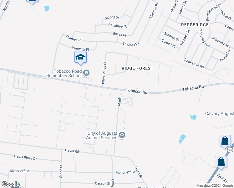 map of restaurants, bars, coffee shops, grocery stores, and more near 4103 Mack Lane in Augusta