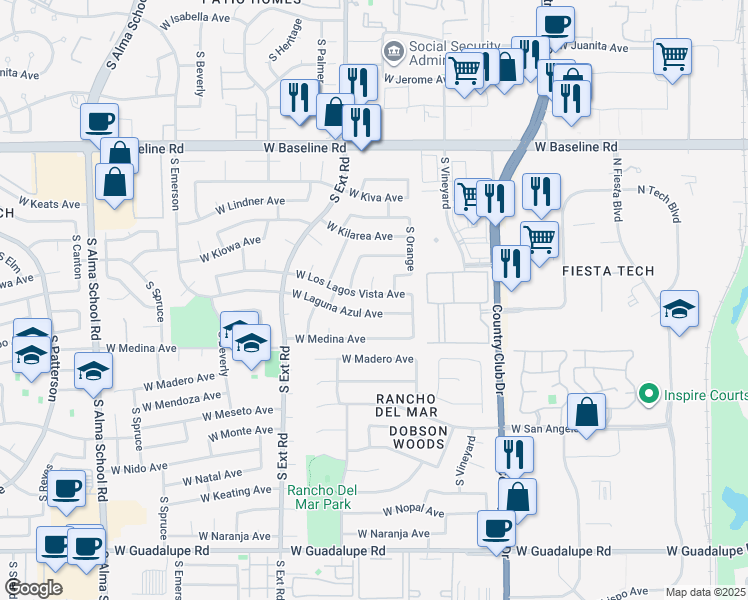 map of restaurants, bars, coffee shops, grocery stores, and more near 616 West Los Lagos Vista Avenue in Mesa
