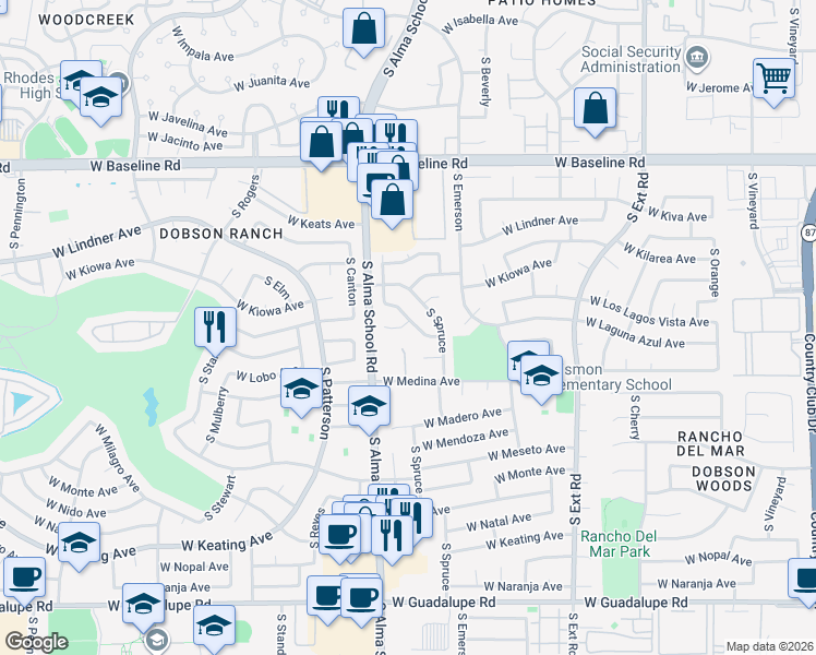map of restaurants, bars, coffee shops, grocery stores, and more near 1113 West Los Lagos Vista Circle in Mesa
