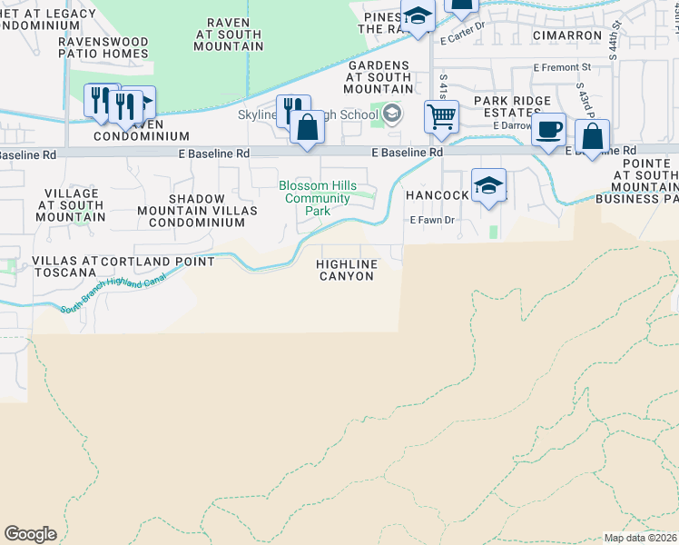 map of restaurants, bars, coffee shops, grocery stores, and more near 8021 South 38th Place in Phoenix