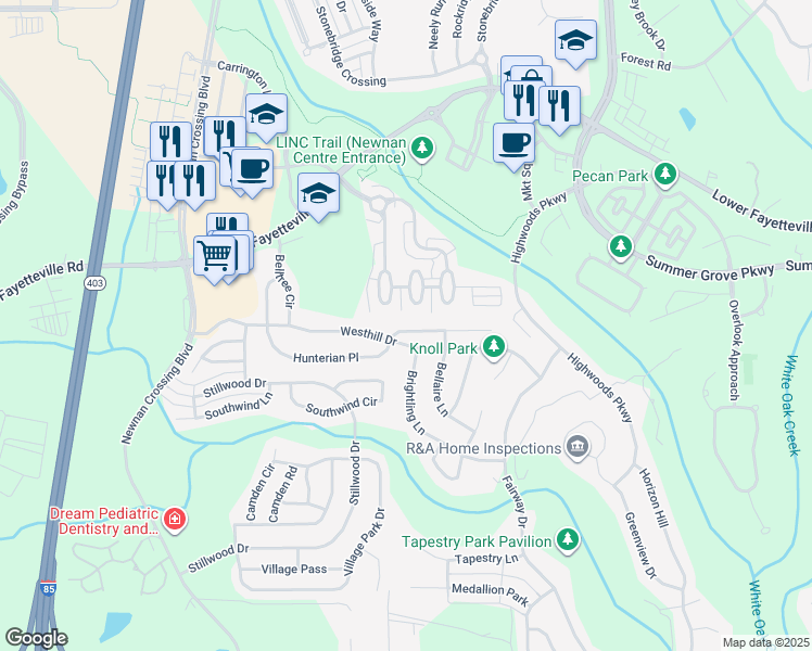 map of restaurants, bars, coffee shops, grocery stores, and more near 187 Hunterian Place in Newnan