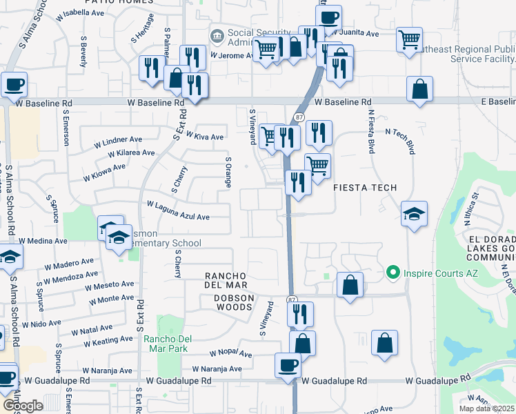 map of restaurants, bars, coffee shops, grocery stores, and more near 2301 South Orange in Mesa