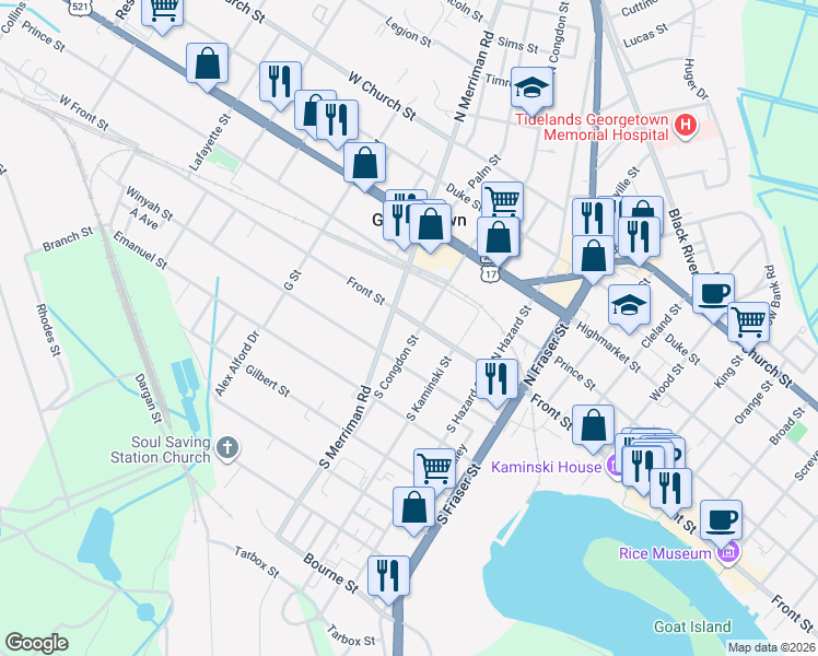 map of restaurants, bars, coffee shops, grocery stores, and more near 1703 Front Street in Georgetown