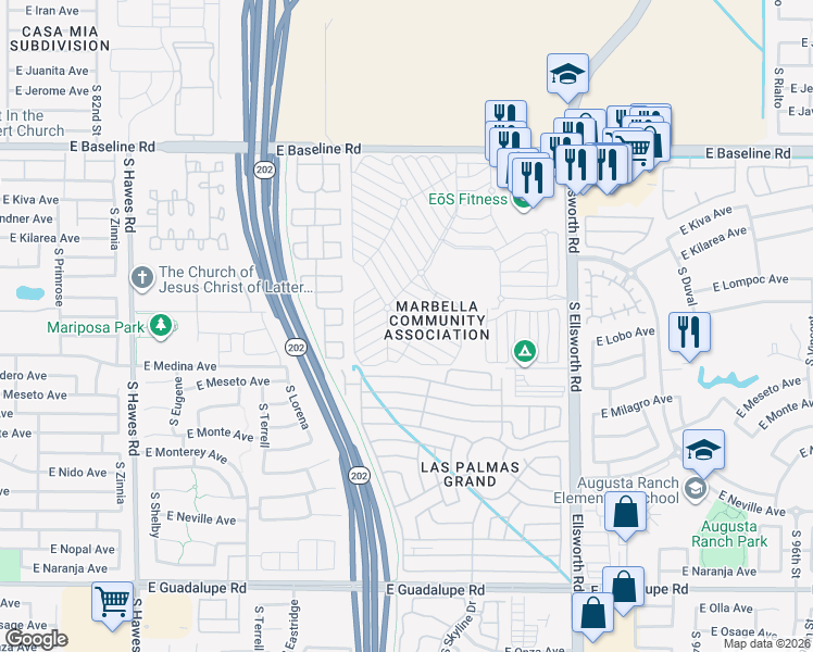 map of restaurants, bars, coffee shops, grocery stores, and more near Pima Drive in Mesa