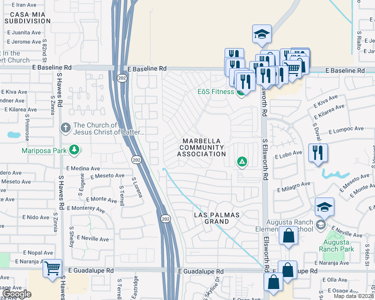 map of restaurants, bars, coffee shops, grocery stores, and more near Pima Drive in Mesa