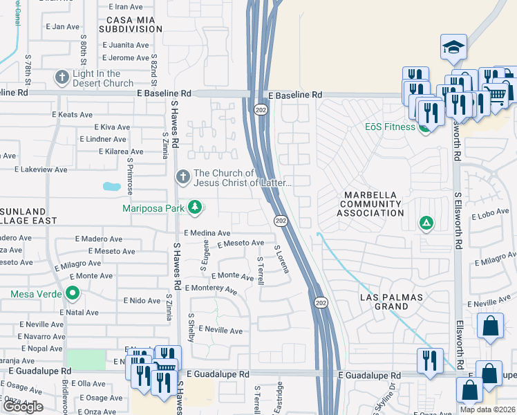 map of restaurants, bars, coffee shops, grocery stores, and more near 2313 South Lorena in Mesa