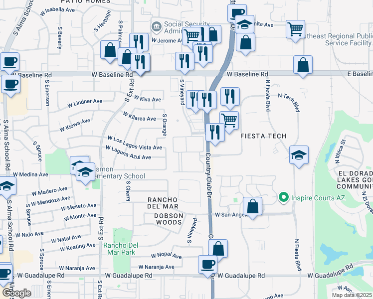 map of restaurants, bars, coffee shops, grocery stores, and more near 2301 South Orange in Mesa