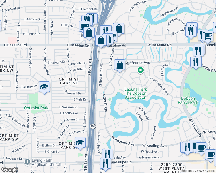 map of restaurants, bars, coffee shops, grocery stores, and more near 2246 South Las Flores in Mesa