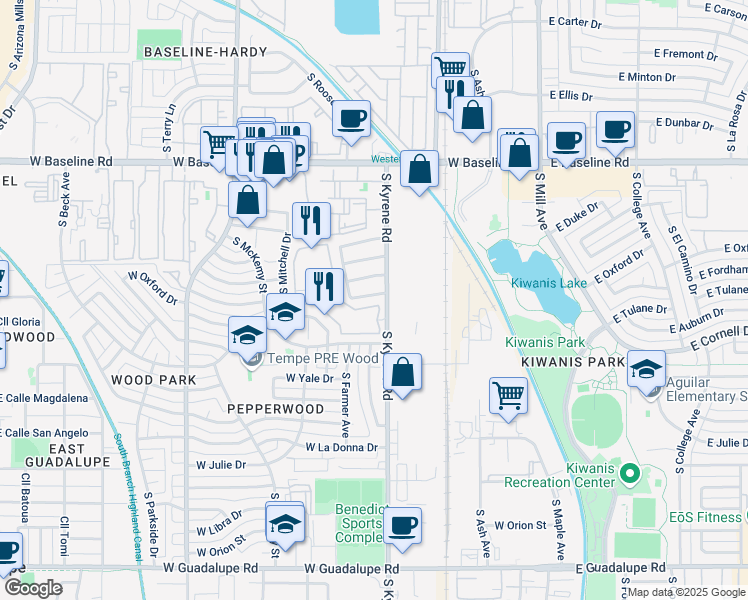 map of restaurants, bars, coffee shops, grocery stores, and more near 511 West Oxford Drive in Tempe