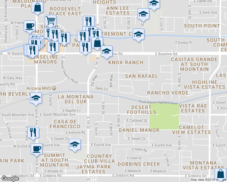 map of restaurants, bars, coffee shops, grocery stores, and more near 848 Gary Lane in Phoenix