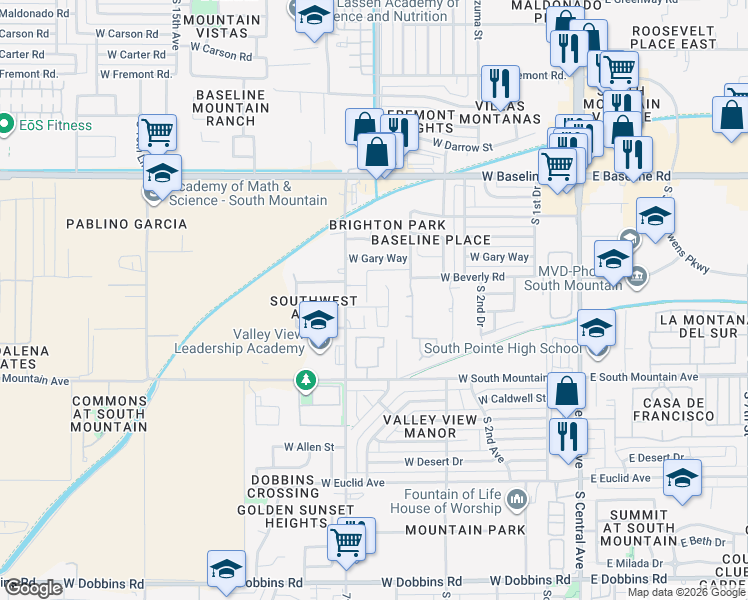 map of restaurants, bars, coffee shops, grocery stores, and more near 8013 South 5th Lane in Phoenix