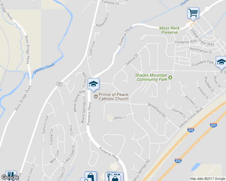 map of restaurants, bars, coffee shops, grocery stores, and more near 649 Village Crest Circle in Birmingham