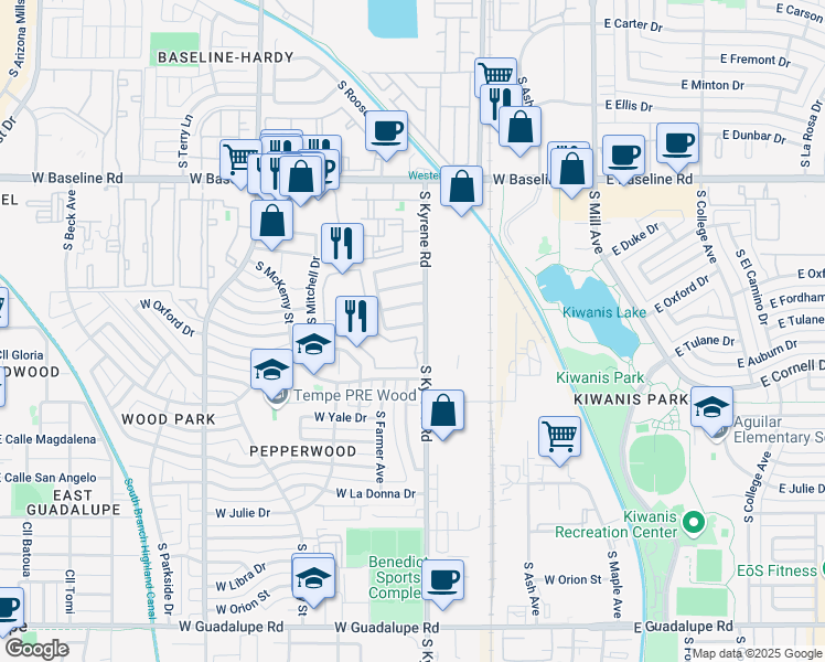 map of restaurants, bars, coffee shops, grocery stores, and more near 511 West Oxford Drive in Tempe