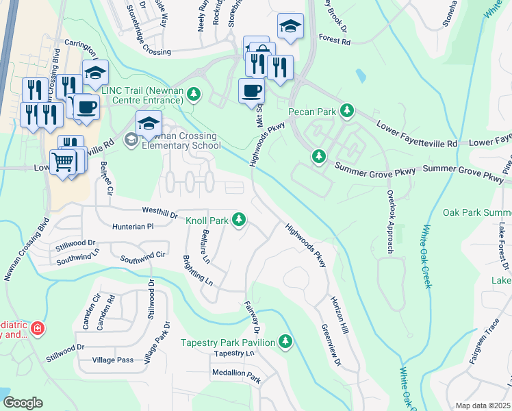 map of restaurants, bars, coffee shops, grocery stores, and more near 155 Highwoods Parkway in Newnan