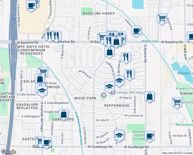 map of restaurants, bars, coffee shops, grocery stores, and more near 933 West Oxford Drive in Tempe