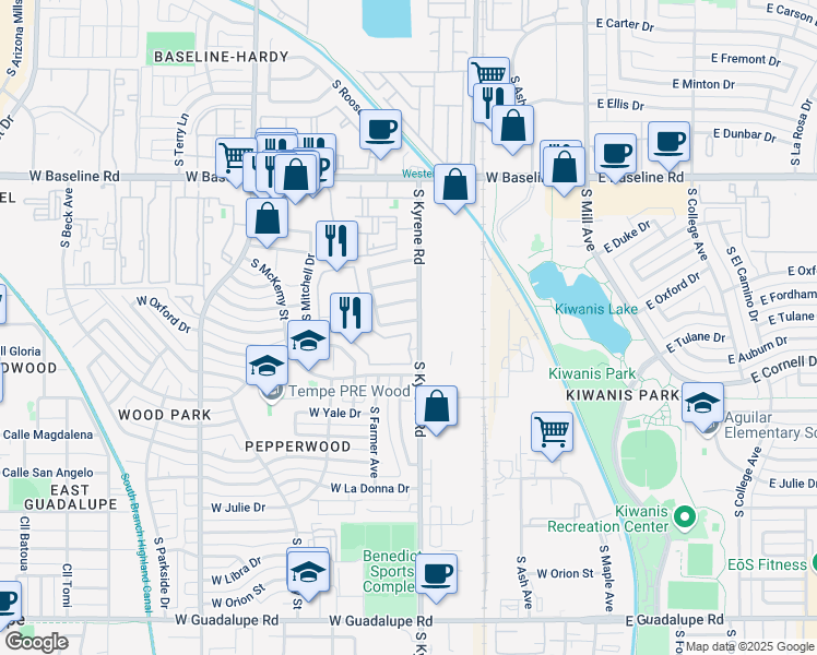 map of restaurants, bars, coffee shops, grocery stores, and more near 511 West Oxford Drive in Tempe