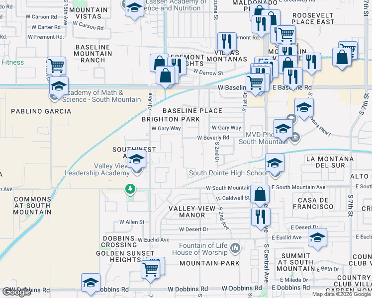 map of restaurants, bars, coffee shops, grocery stores, and more near 8021 South 5th Avenue in Phoenix