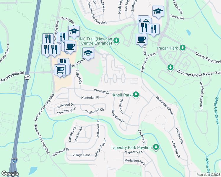 map of restaurants, bars, coffee shops, grocery stores, and more near 187 Hunterian Place in Newnan