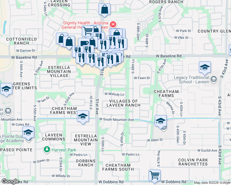 map of restaurants, bars, coffee shops, grocery stores, and more near 4942 West Melody Lane in Phoenix