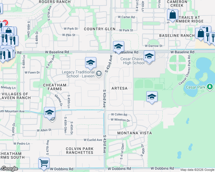 map of restaurants, bars, coffee shops, grocery stores, and more near 8012 South 42nd Lane in Phoenix
