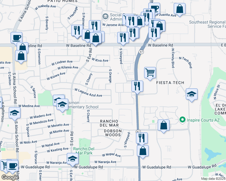 map of restaurants, bars, coffee shops, grocery stores, and more near 2301 South Orange in Mesa