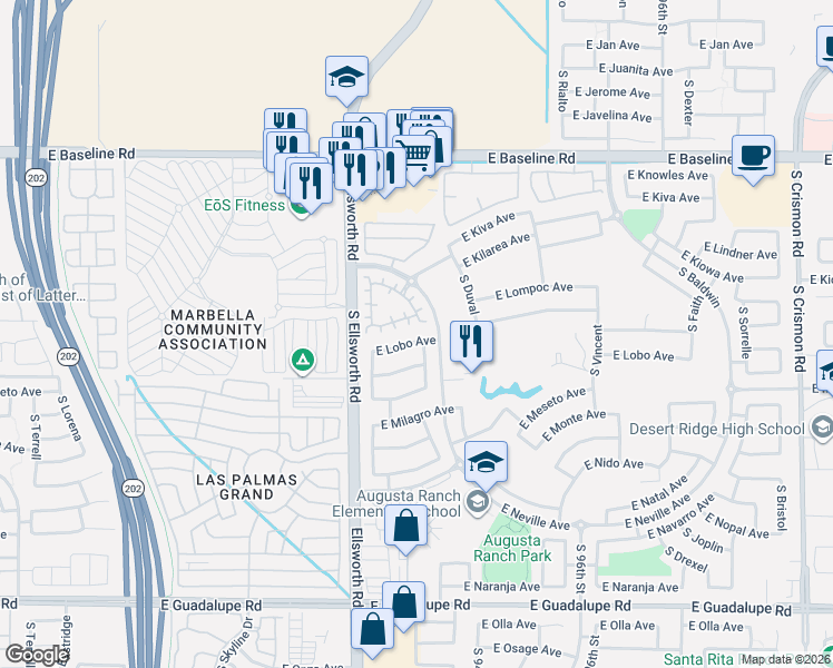 map of restaurants, bars, coffee shops, grocery stores, and more near 9334 East Lobo Avenue in Mesa