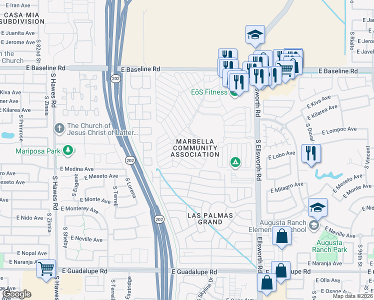map of restaurants, bars, coffee shops, grocery stores, and more near Pima Drive in Mesa