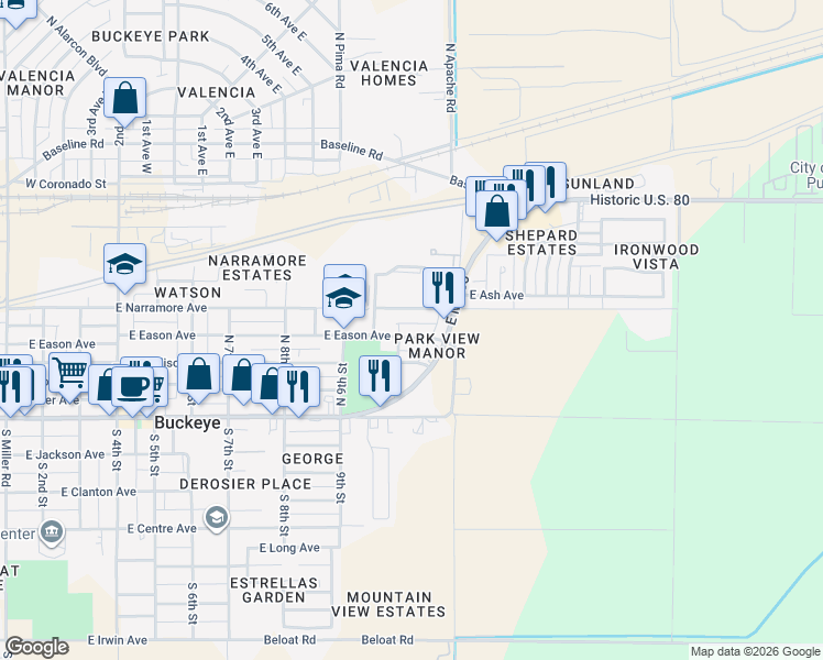 map of restaurants, bars, coffee shops, grocery stores, and more near 1012 East Eason Avenue in Buckeye