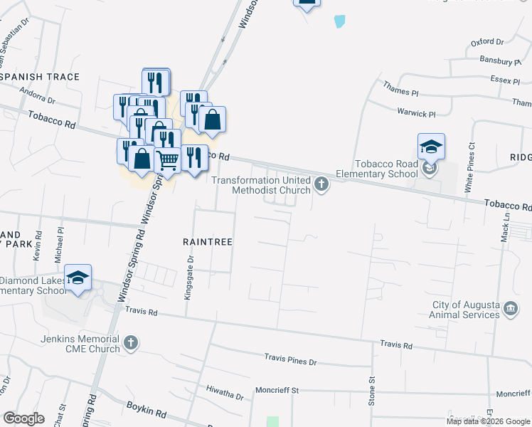 map of restaurants, bars, coffee shops, grocery stores, and more near 4119 Wallie Avenue in Augusta