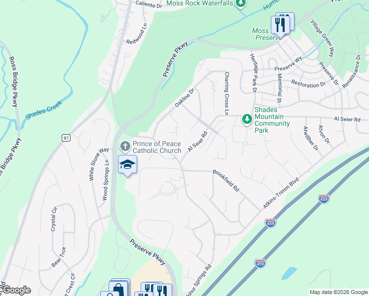 map of restaurants, bars, coffee shops, grocery stores, and more near 1102 Al Seier Road in Hoover