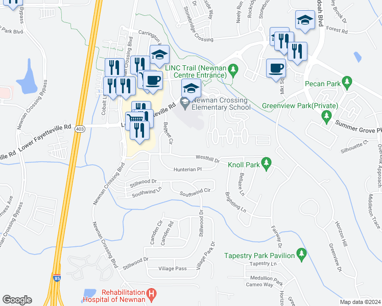 map of restaurants, bars, coffee shops, grocery stores, and more near 333 Westhill Drive in Newnan