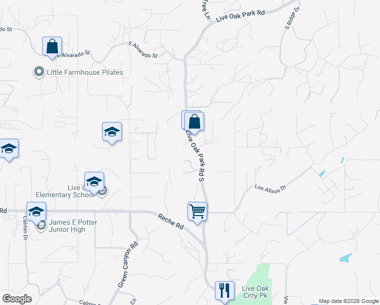 map of restaurants, bars, coffee shops, grocery stores, and more near 1027 Live Oak Park Road South in Fallbrook