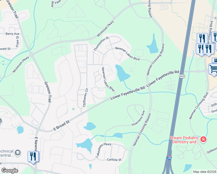 map of restaurants, bars, coffee shops, grocery stores, and more near Newnan Lakes Boulevard in Newnan