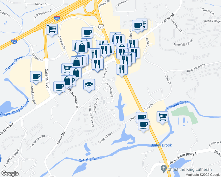 map of restaurants, bars, coffee shops, grocery stores, and more near 2010 Waterford Place in Hoover