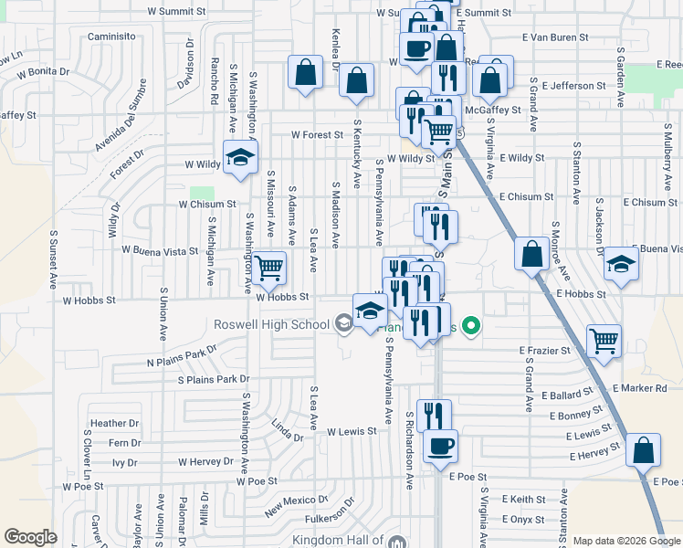 map of restaurants, bars, coffee shops, grocery stores, and more near 1605 South Madison Avenue in Roswell