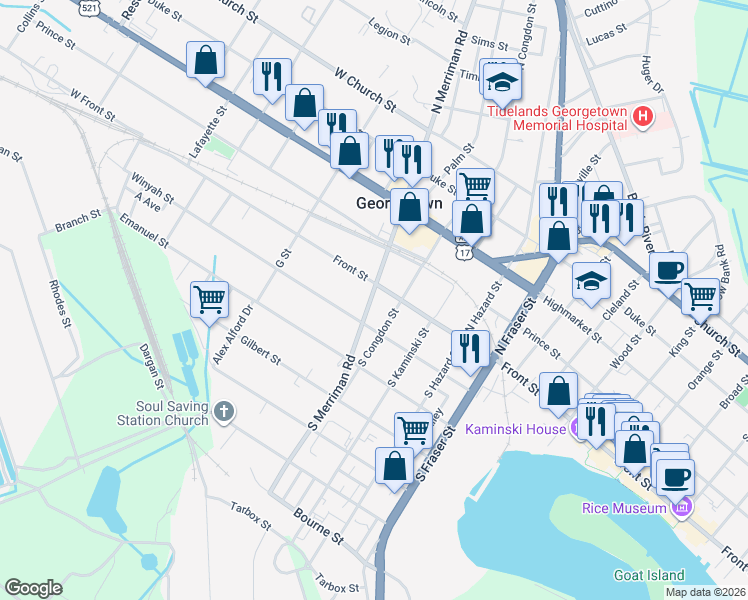 map of restaurants, bars, coffee shops, grocery stores, and more near 106 South Merriman Road in Georgetown