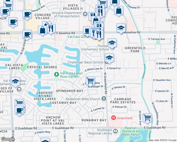 map of restaurants, bars, coffee shops, grocery stores, and more near 2244 East Beachcomber Drive in Gilbert