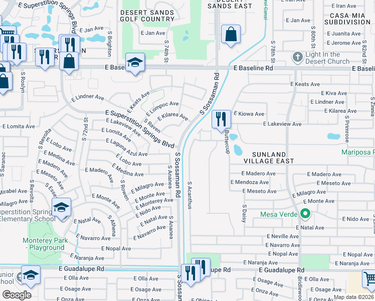 map of restaurants, bars, coffee shops, grocery stores, and more near 2334 South Acanthus in Mesa