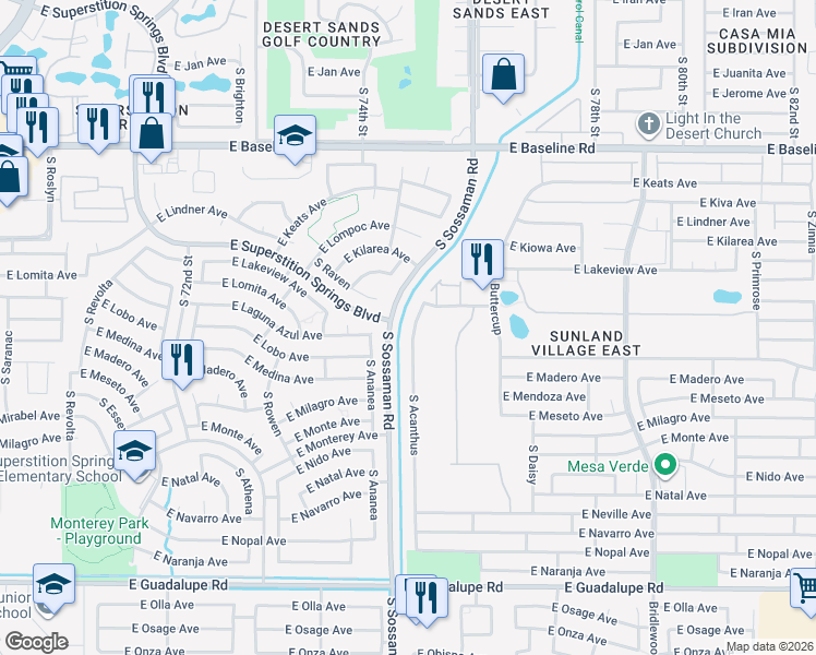 map of restaurants, bars, coffee shops, grocery stores, and more near 2334 South Acanthus in Mesa