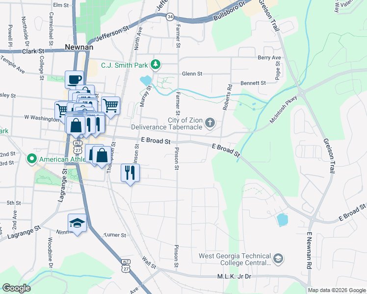 map of restaurants, bars, coffee shops, grocery stores, and more near 129 East Broad Street in Newnan