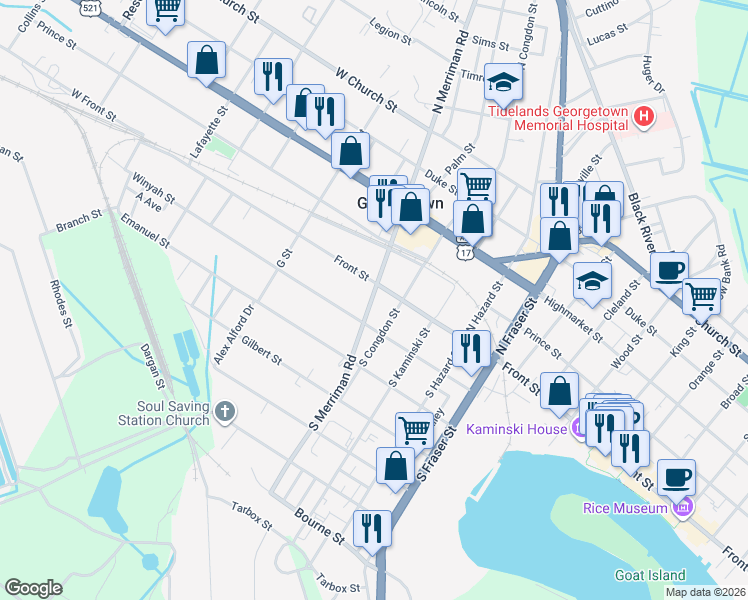 map of restaurants, bars, coffee shops, grocery stores, and more near 106 South Merriman Road in Georgetown