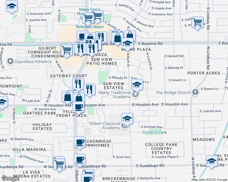map of restaurants, bars, coffee shops, grocery stores, and more near 301 East Desert Lane in Gilbert