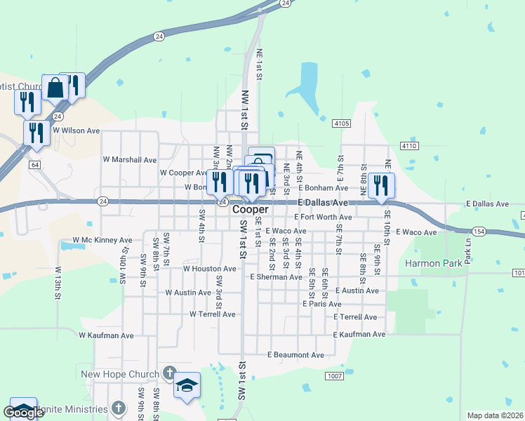 map of restaurants, bars, coffee shops, grocery stores, and more near in Cooper
